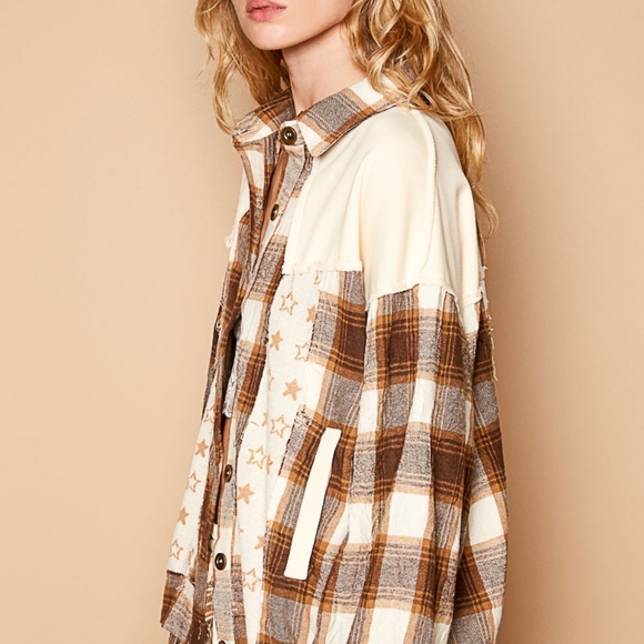 POL Shacket Star Plaid Bohemian Patchwork Exposed Raw Fray Seam Oversized Jacket - Picture 12 of 12